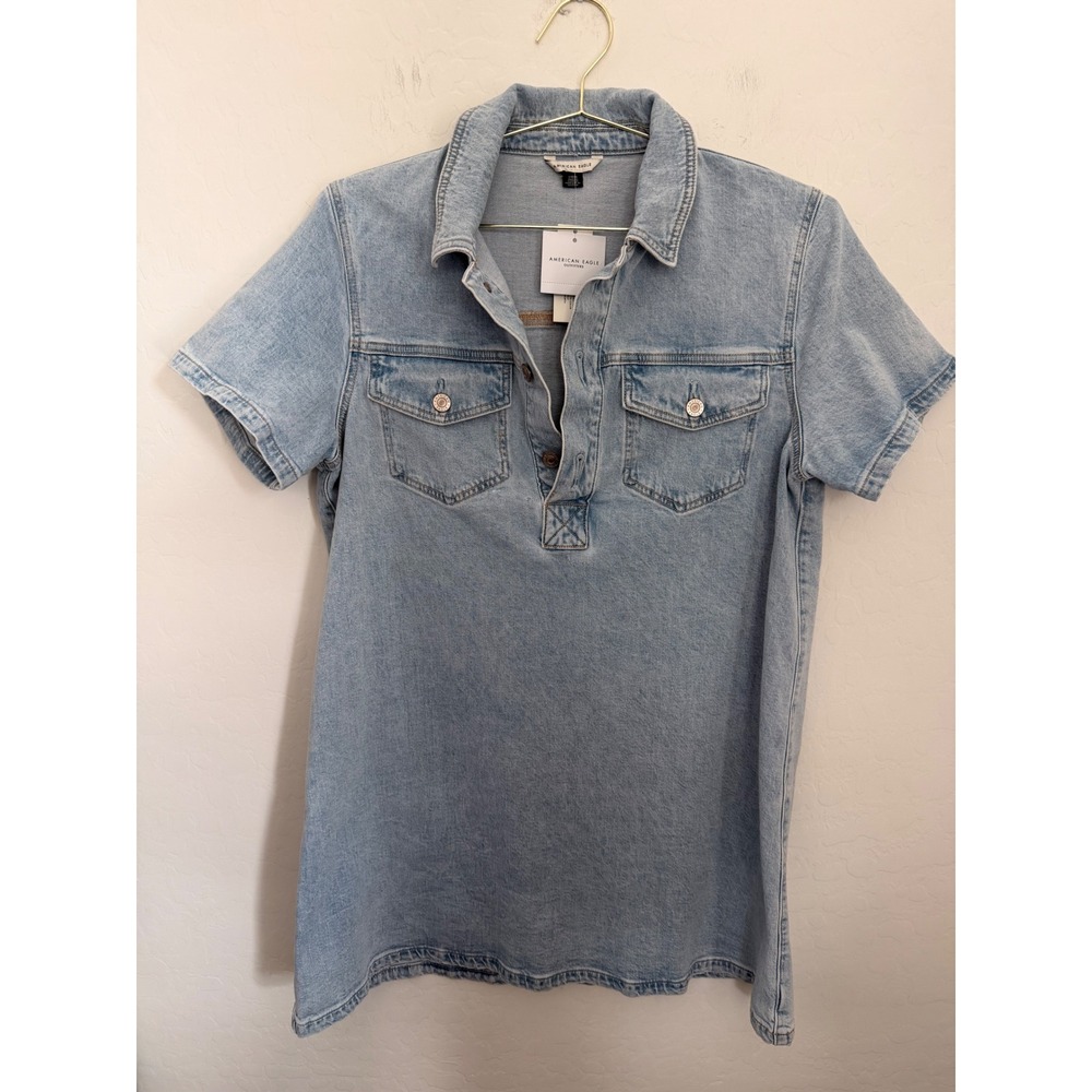 American Eagle Light Wash Denim Short Sleeve Mini Dress Womens Large NWT